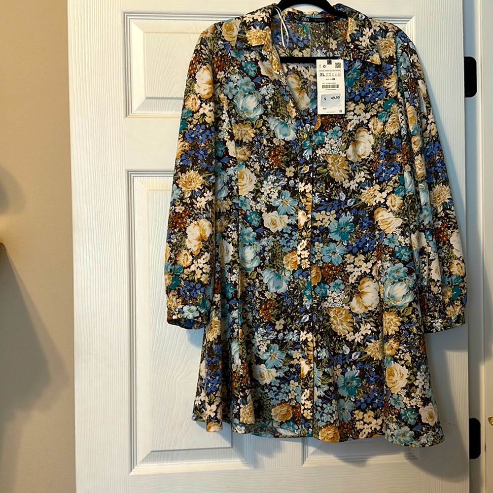 NWT Zara Y2K Floral  Button Down Shirt Dress